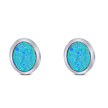 Oval Stud Earring Lab Created Blue Opal Solid 925 Sterling Silver (7mm)